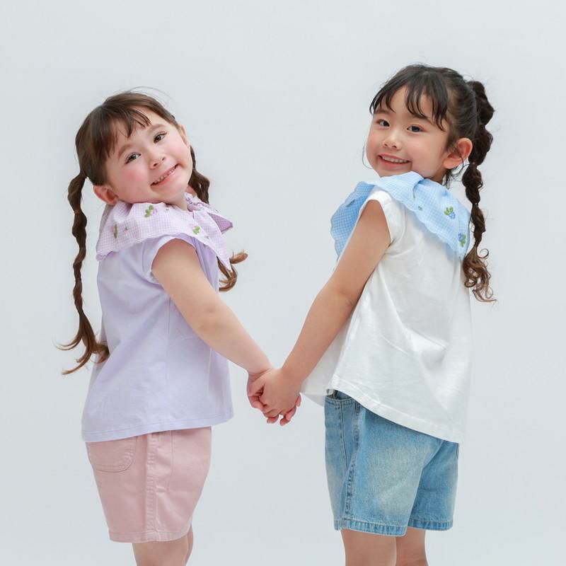 50％OFF】［Little s.t. by s.t.closet］ギンガム刺繍衿Tシャツ