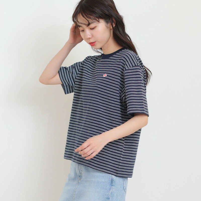 ［DANTON］ストライプショート丈半袖Tシャツ