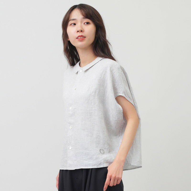 美品　オーシバル　orcival 麻100% チェック　ブラウス ORCIVAL］リネンフレンチスリーブチェックブラウス／オーシバル