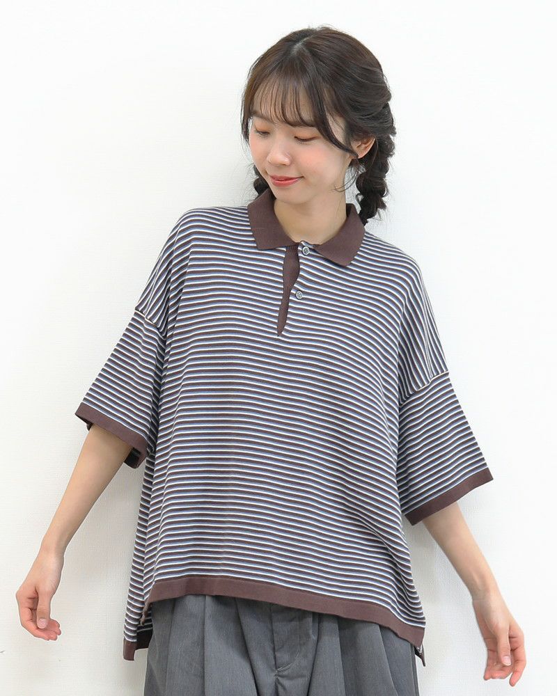 ［NATURAL LAUNDRY］コットンマルチボーダーワイドポロ