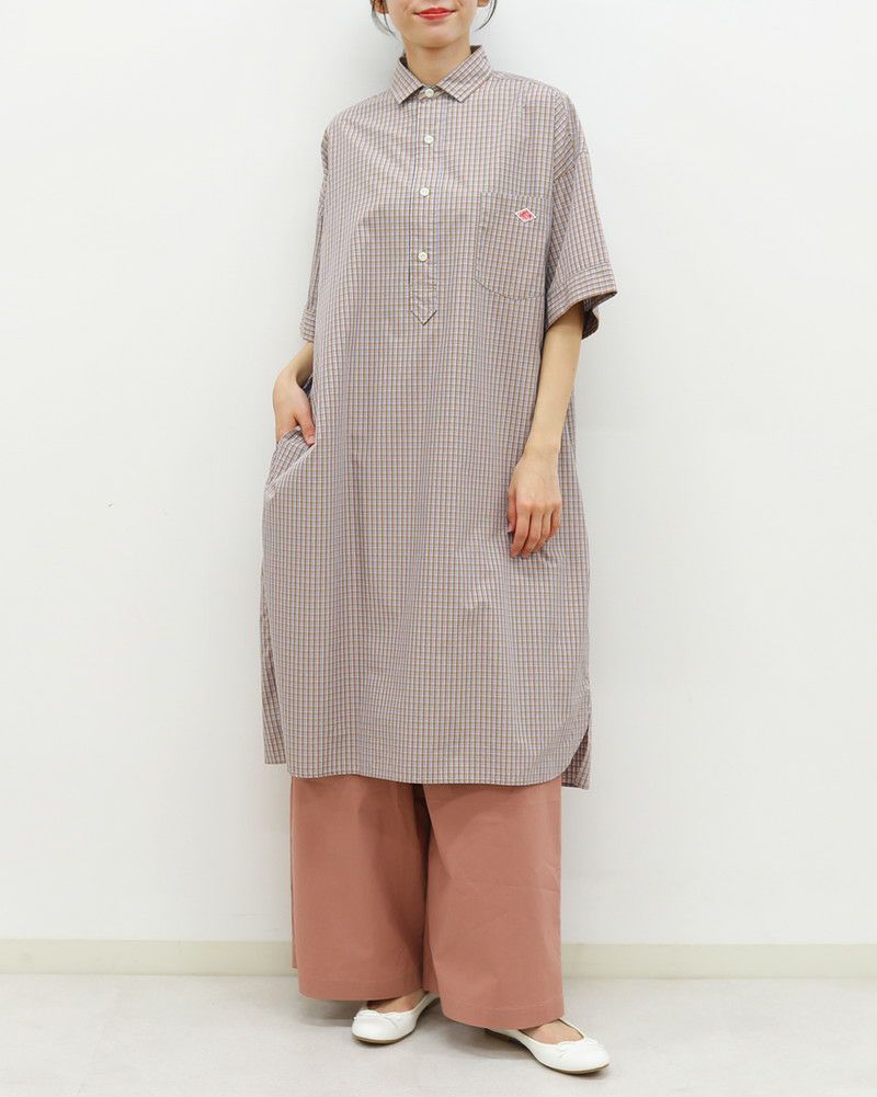 ［DANTON］コットンポプリン半袖チェックシャツワンピース